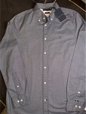 Tommy Hilfiger Men's Slim Fit Button-Down Dress Shirt, Size Large, Navy with Pol